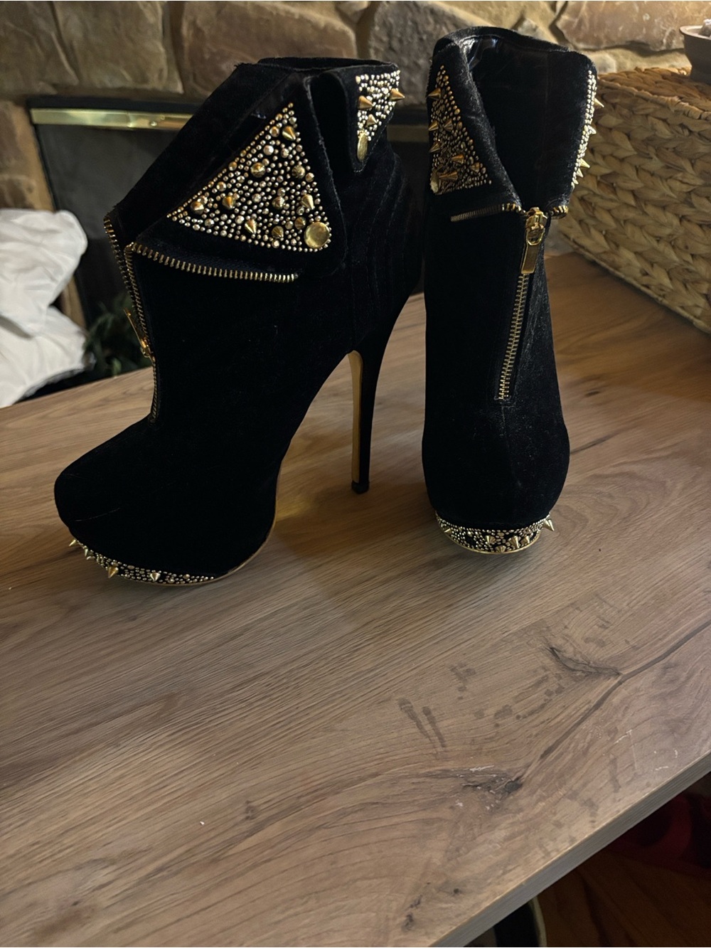 Alba Black Velvet Studded Platform Ankle Boots with Gold Accents - Picture 4 of 7